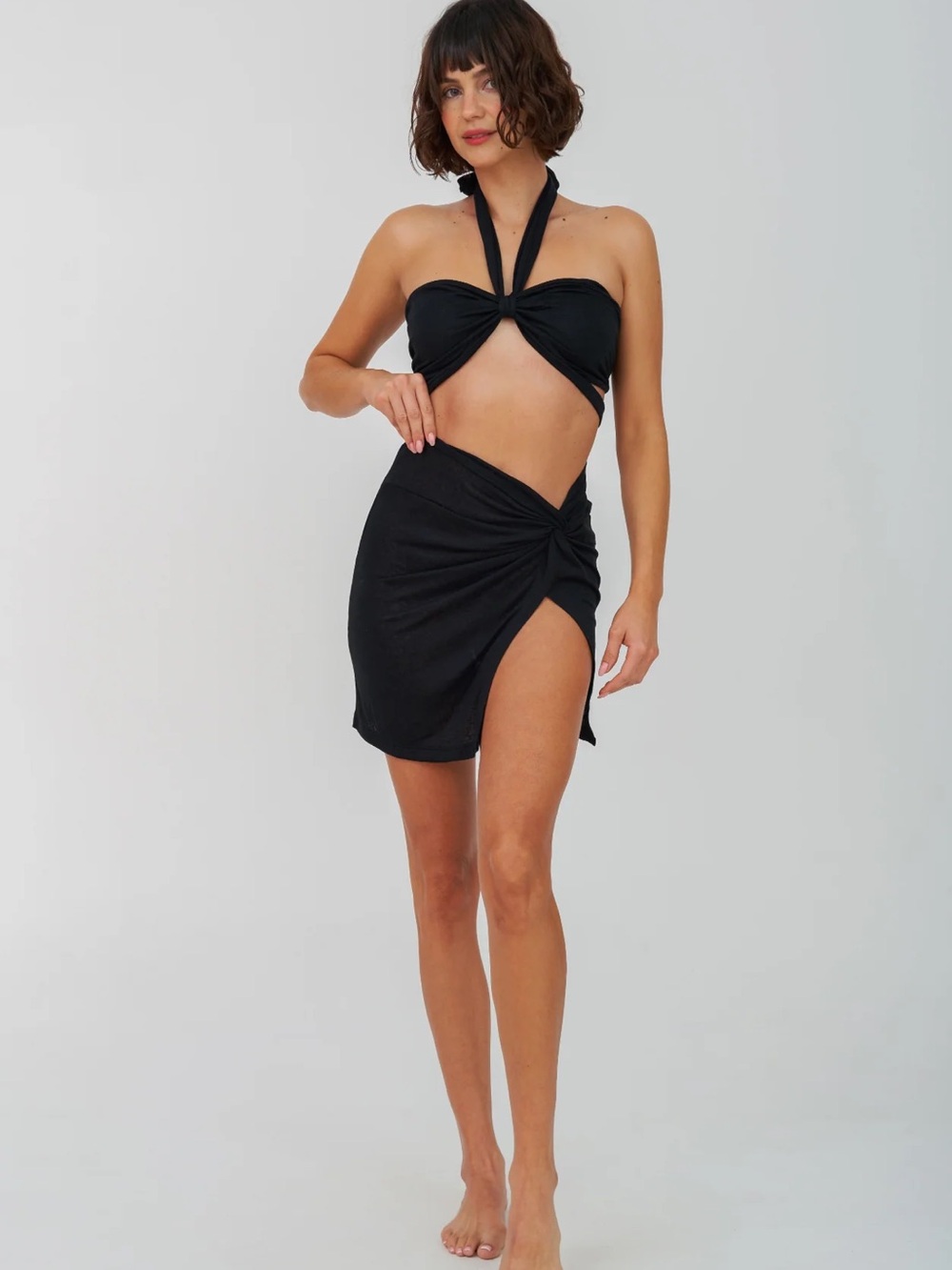 Pitusa Black Knot-Front Petite SARONG MINI SKIRT